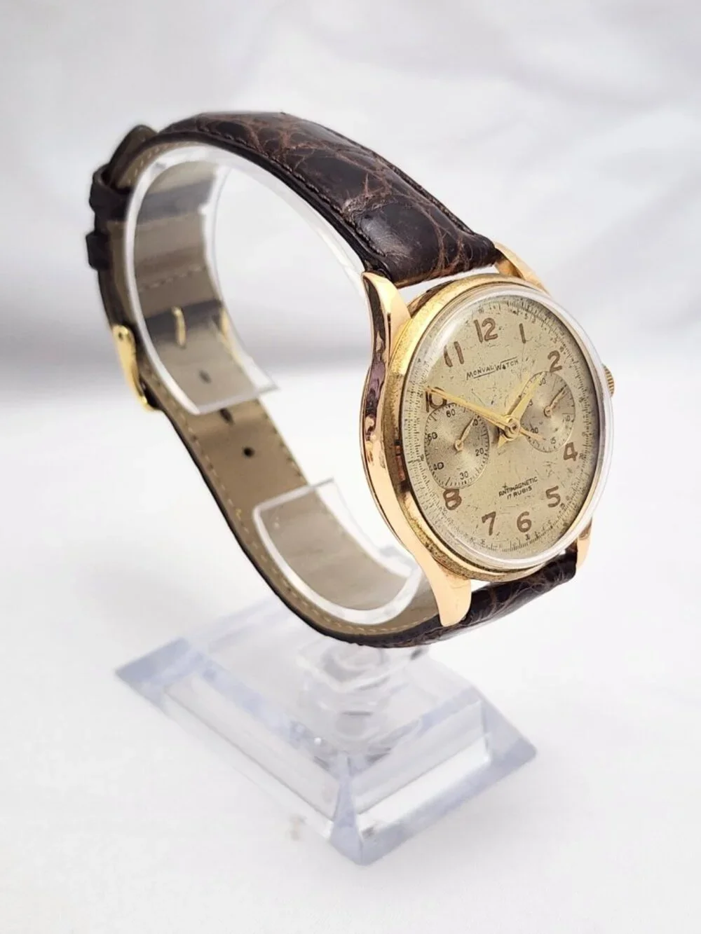 Vintage Monval 18K Rose Gold 37mm 17J Antimagnetic Chronograph Swiss Watch